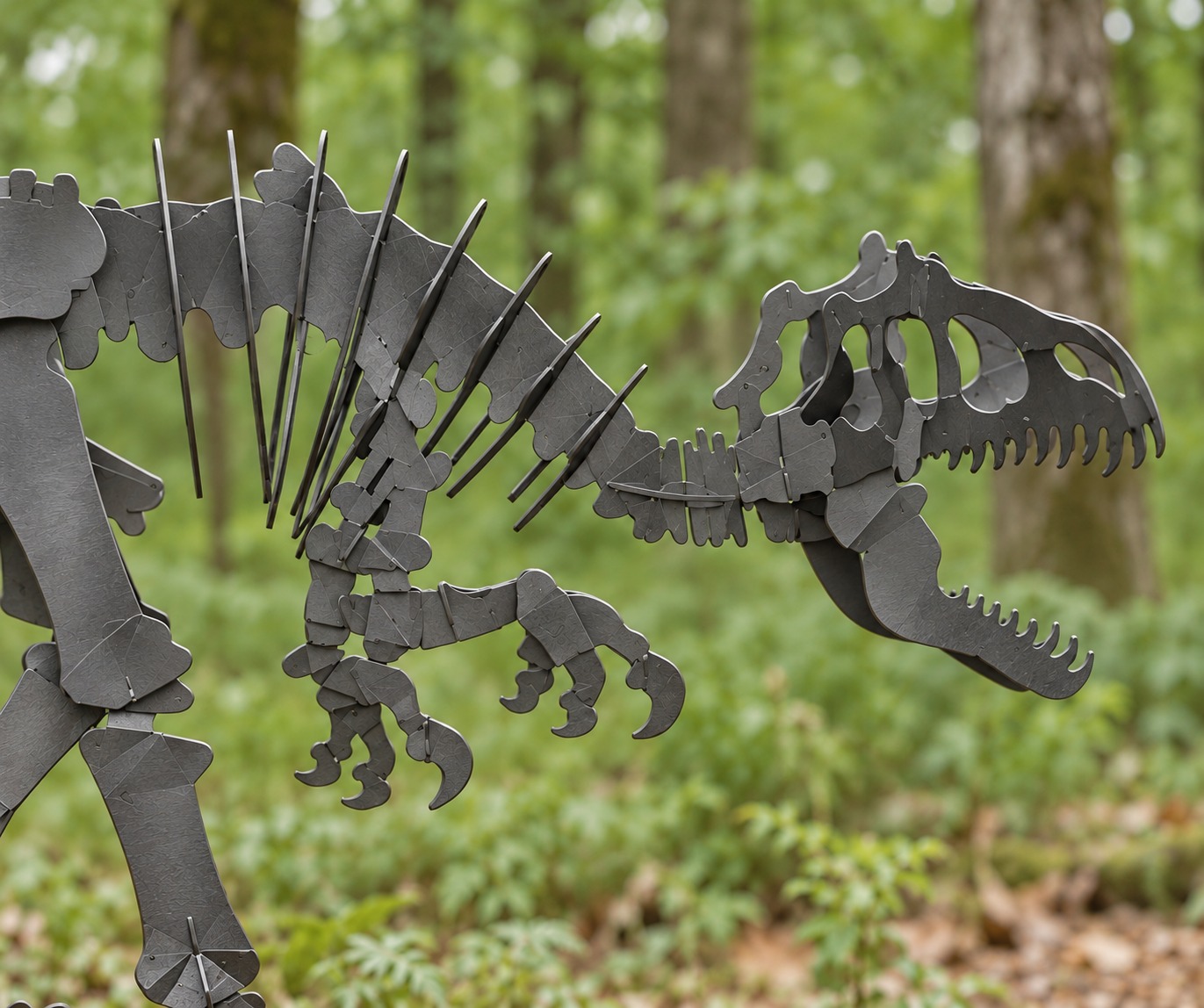 Close view of the Allosaurus skull, open jaws and steel plates