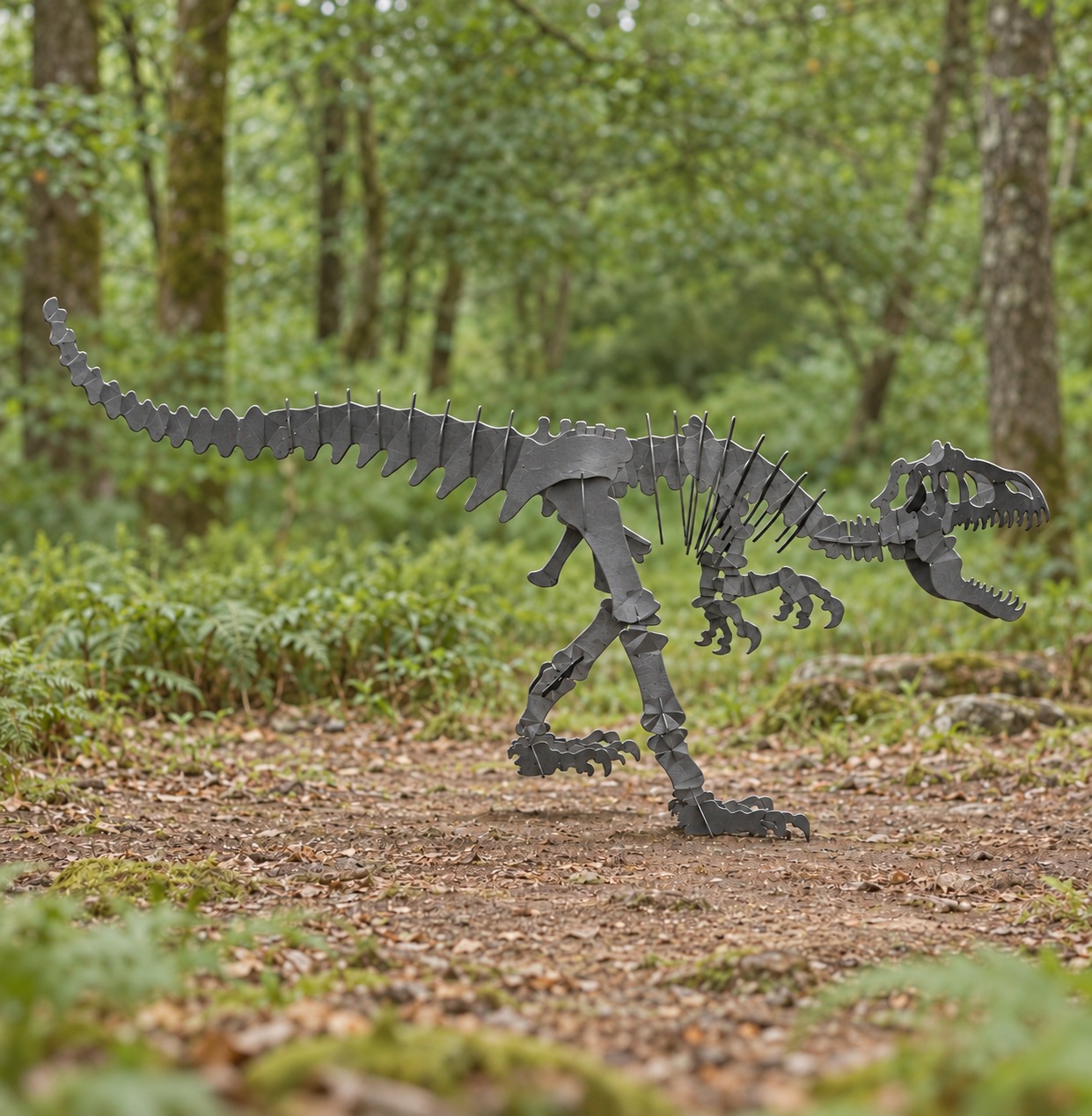 Allosaurus steel sculpture in a woodland clearing