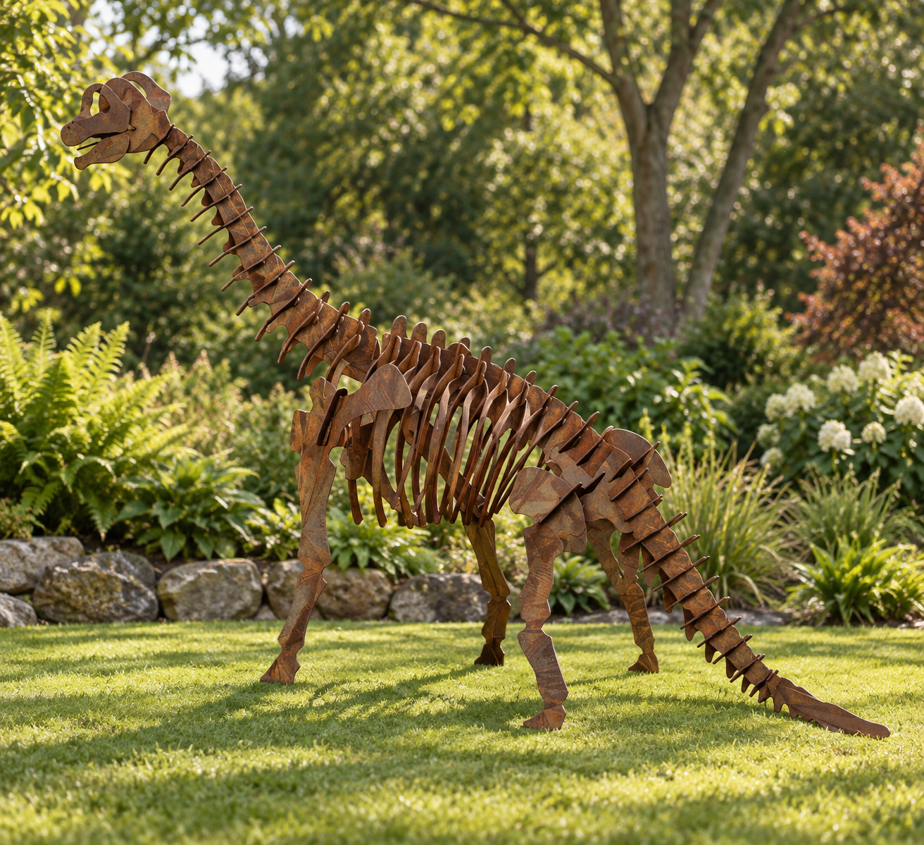 AI garden visualization of the Brachiosaurus steel sculpture