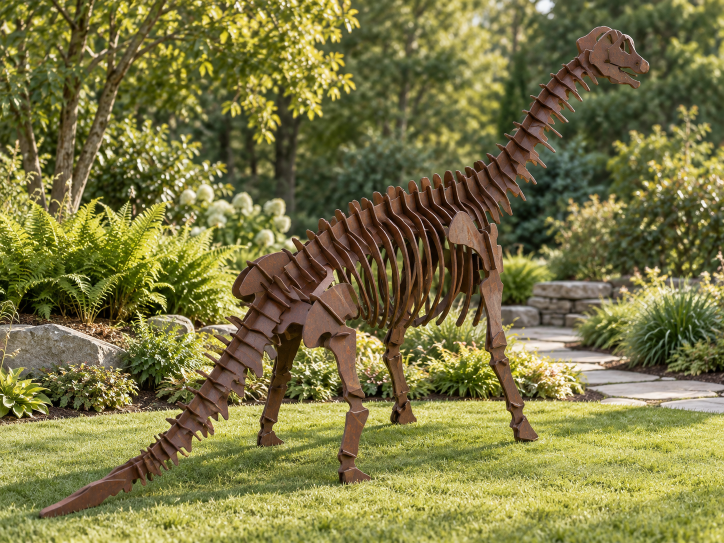 AI garden visualization of Brachiosaurus, rear three-quarter view