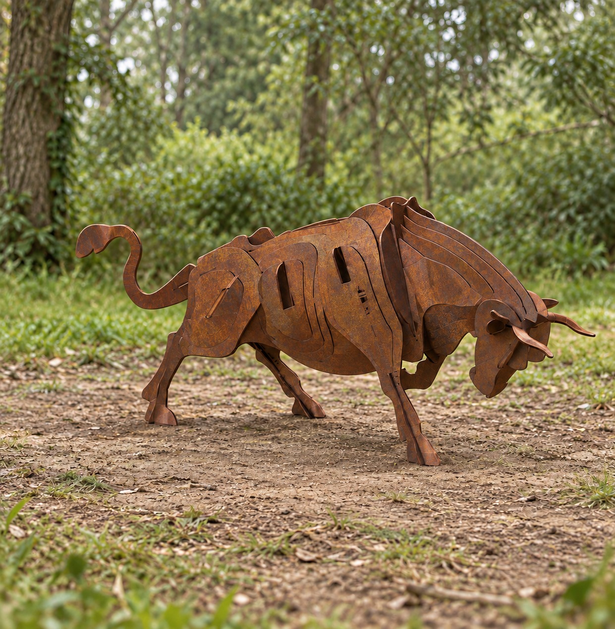 Rust-finished steel bull sculpture in a woodland clearing