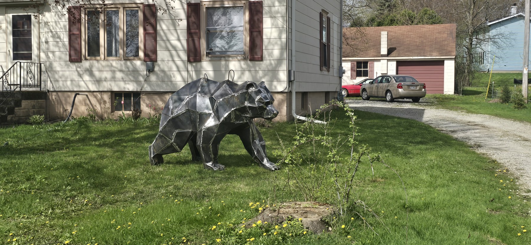 Bare-steel grizzly bear on the lawn
