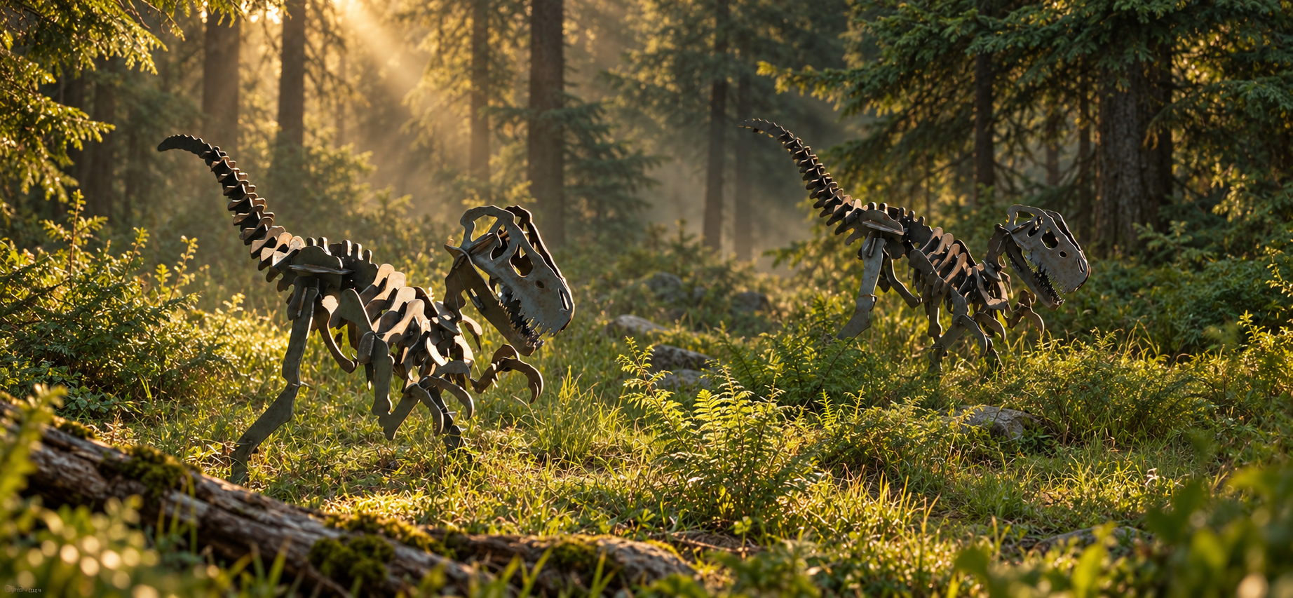 woodland scene with two steel dinosaur statues
