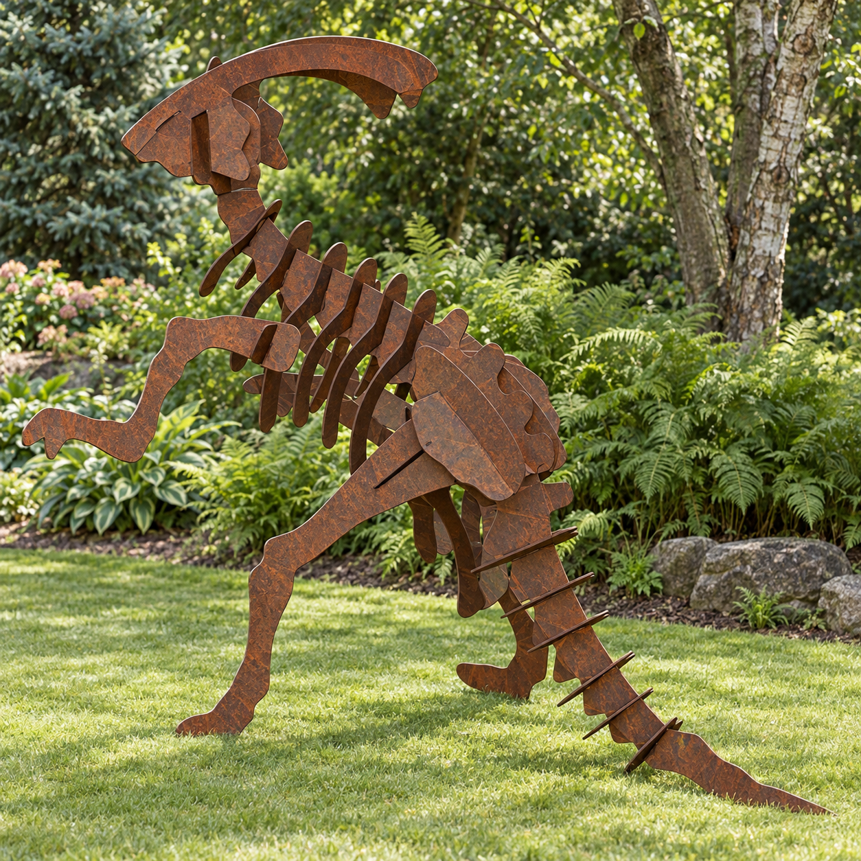 AI garden visualization of the Parasaurolophus steel sculpture