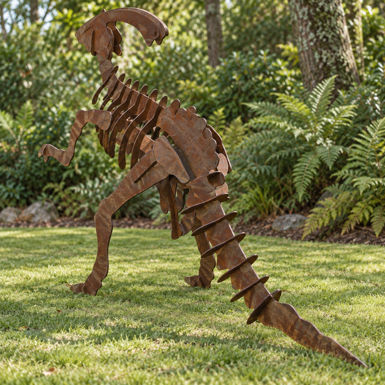 AI garden visualization of Parasaurolophus, rear three-quarter view