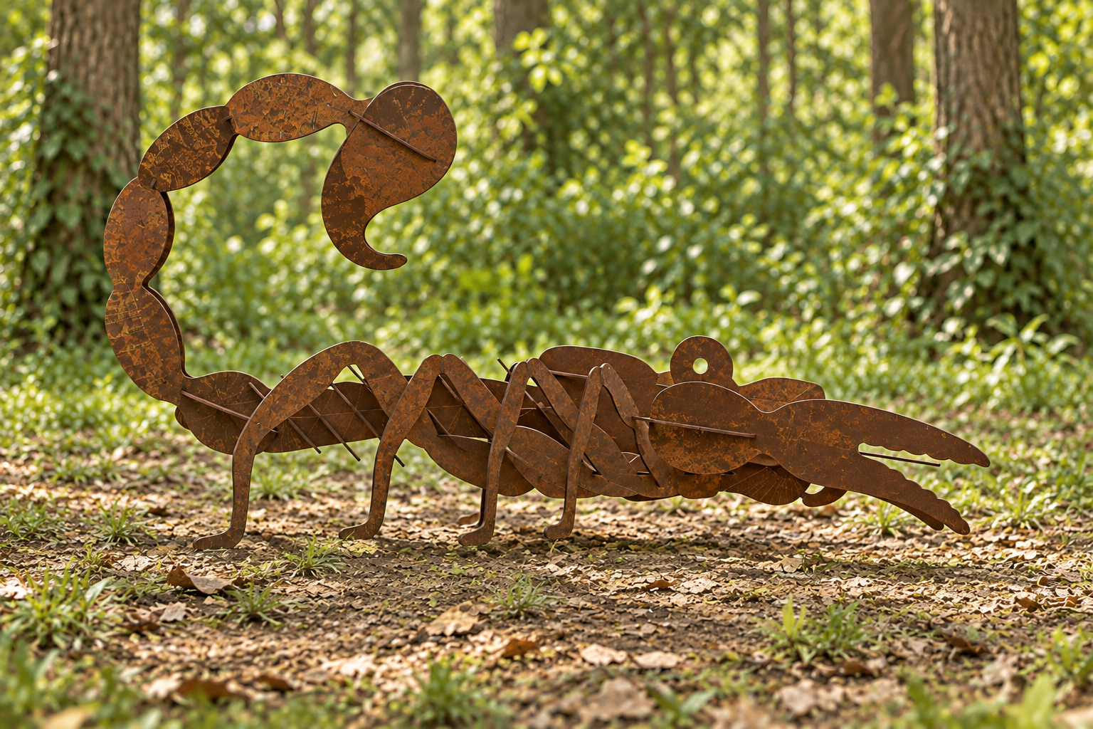 Side profile of the rusty steel scorpion