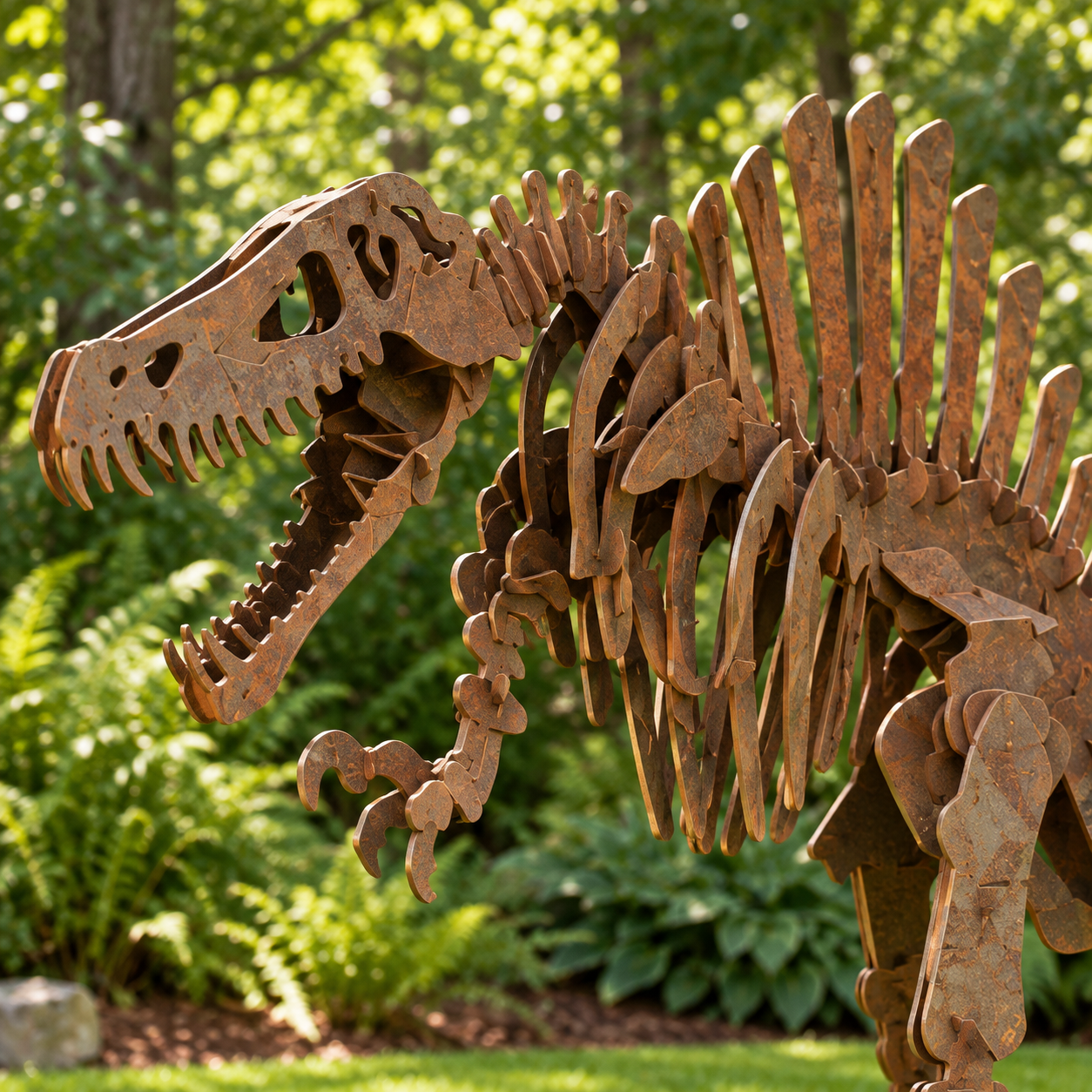 AI garden visualization of Spinosaurus, skull, ribs and sail detail