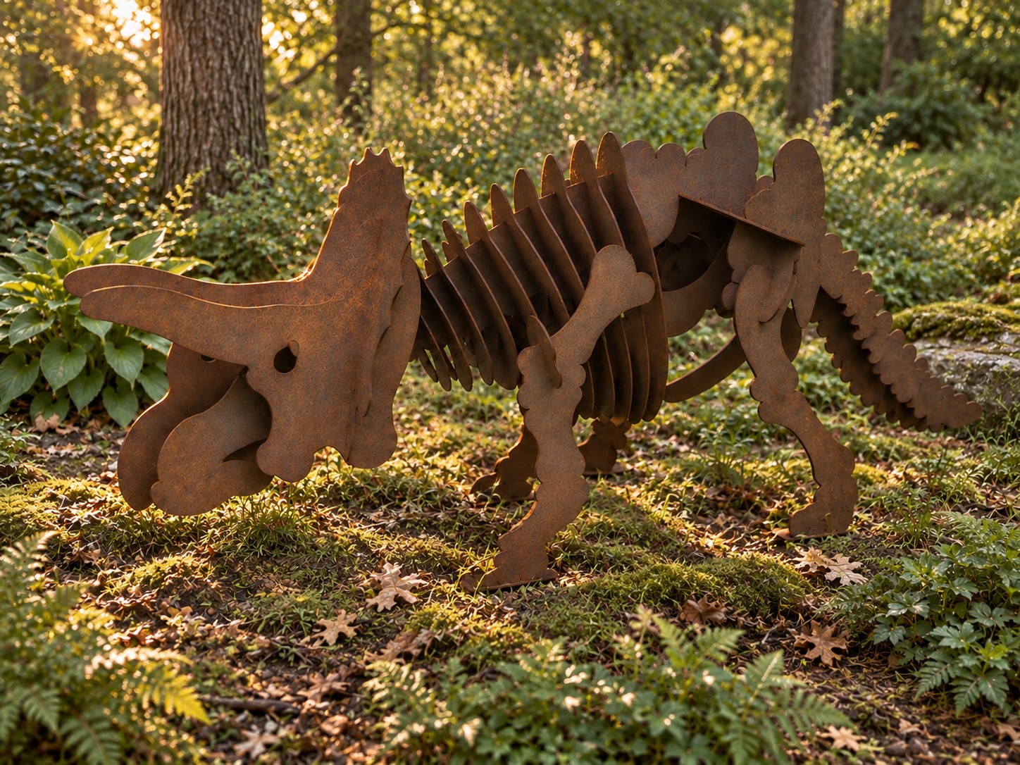 Triceratops steel statue in a garden